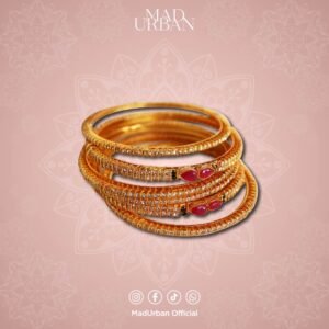Fancy Gold Covering 6 in 1 Set Metal Bangle with White, Green and Pink Stones Bombay Designs Mad Urban Fashion
