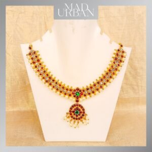 MadUrban Beautiful Hand-Crafted Kemp Kembu Kerala Design Temple Jewelry with Multi Color Stones and Pearl (Large)