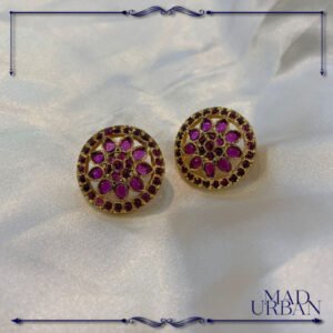 Round Carved Gold Plated Matte with Premium Pink Arakku Quality Stones Design Mad Urban Earring Collections South Indian