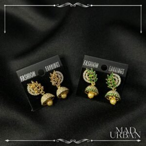 Gold Plated American Diamond AD Jhumka with Pearls Medium Earrings Subang Perempuan Bollywood Fashion Mad Urban Thodu